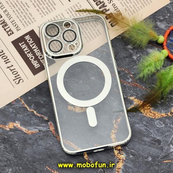 قاب گوشی iPhone 13 Pro آیفون طرح الکتروپلیتینگ مگ سیفی ژله ای شفاف اورجینال یونیک کیس Unique Case محافظ لنز دار گلسی نقره ای کد 367